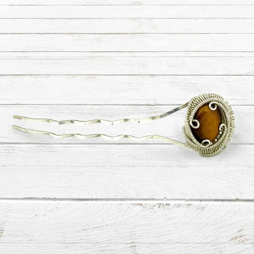 Tigers Eye Wire Wrapped Silver Hair Pin