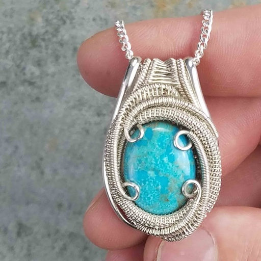 Natural Stone Pendant (Kingman Turquoise) (Sterling factory Silver) (Stone) (Wire Wrap) (Wire Wrapped) (Hand Wrap) (Hand Wrapped)